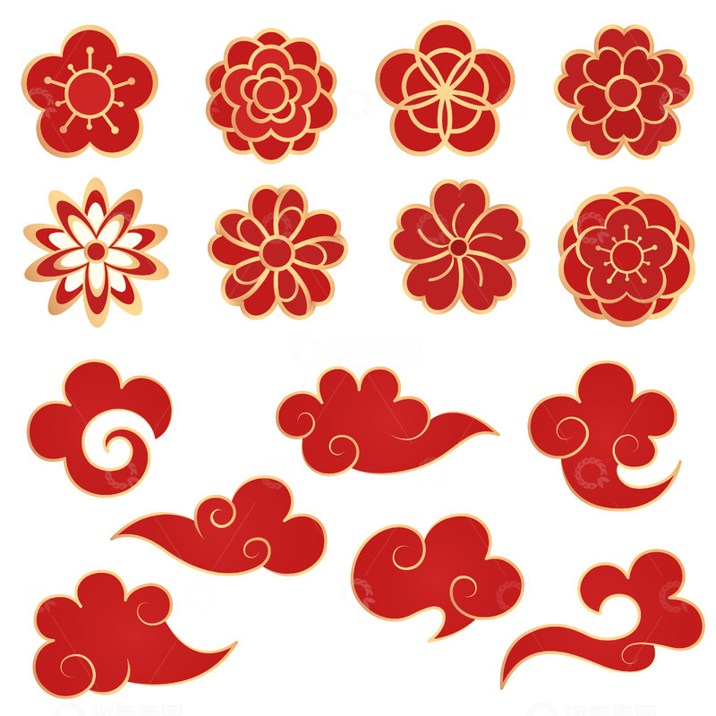 源文件下载【趣麦麦图】矢量春节梅花祥云国潮装饰元素