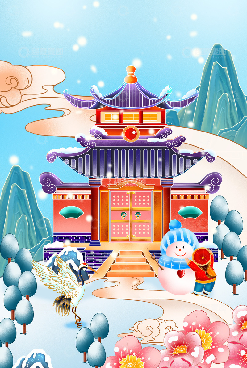 源文件下载【趣麦麦图】手绘小雪冬天插画海报背景