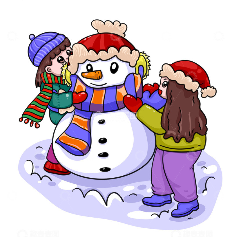 源文件下载【趣麦麦图】冬天女孩与雪人一起玩耍
