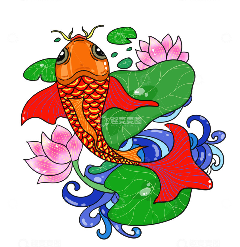 源文件下载【趣麦麦图】鲤鱼锦鲤跳荷花