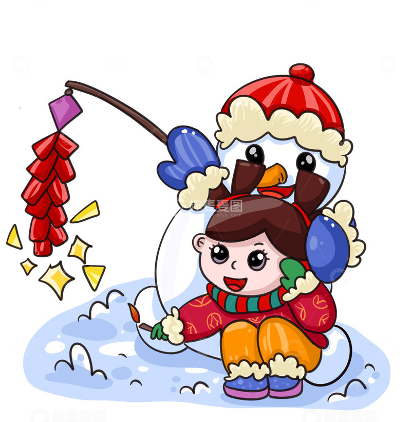 快乐冬天与雪人一起放鞭炮