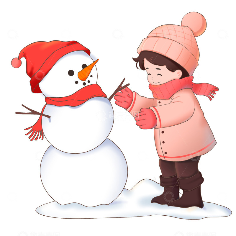 源文件下载【趣麦麦图】冬天一个男孩子站在雪地上堆雪人元素