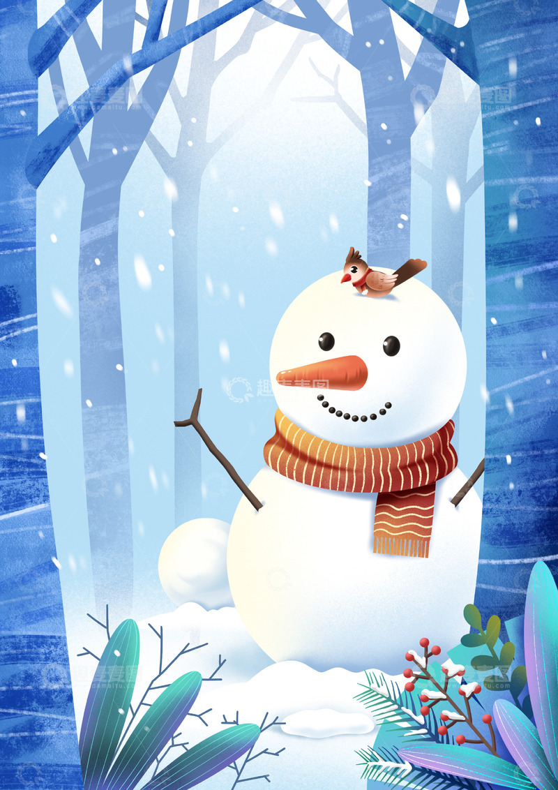 源文件下载【趣麦麦图】冬天雪人卡通手绘简约背景