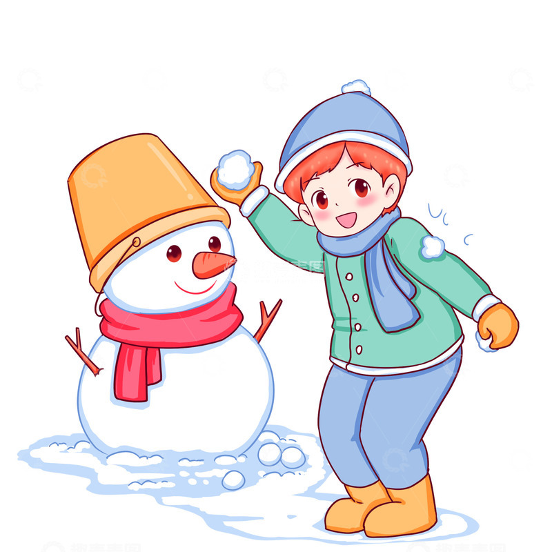 源文件下载【趣麦麦图】冬天元素雪地里堆雪人打雪仗