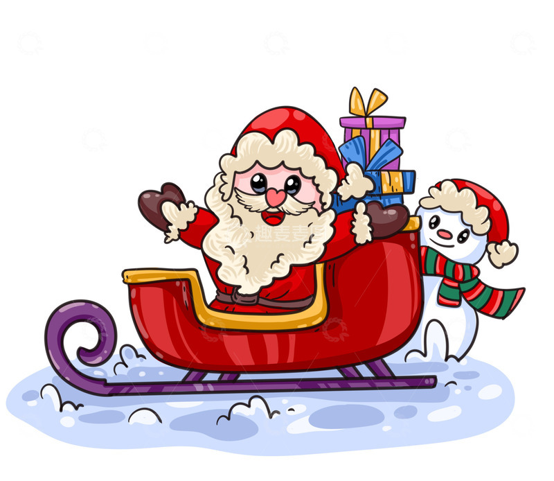 可爱的圣诞老人与雪人送礼物