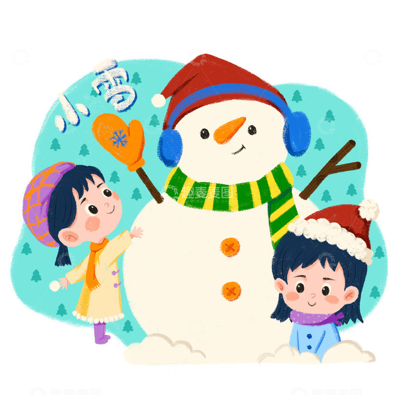 源文件下载【趣麦麦图】冬天两个小女孩在雪地上堆雪人