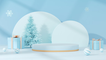 冬天立体C4D展台雪松电商海报背景蓝色