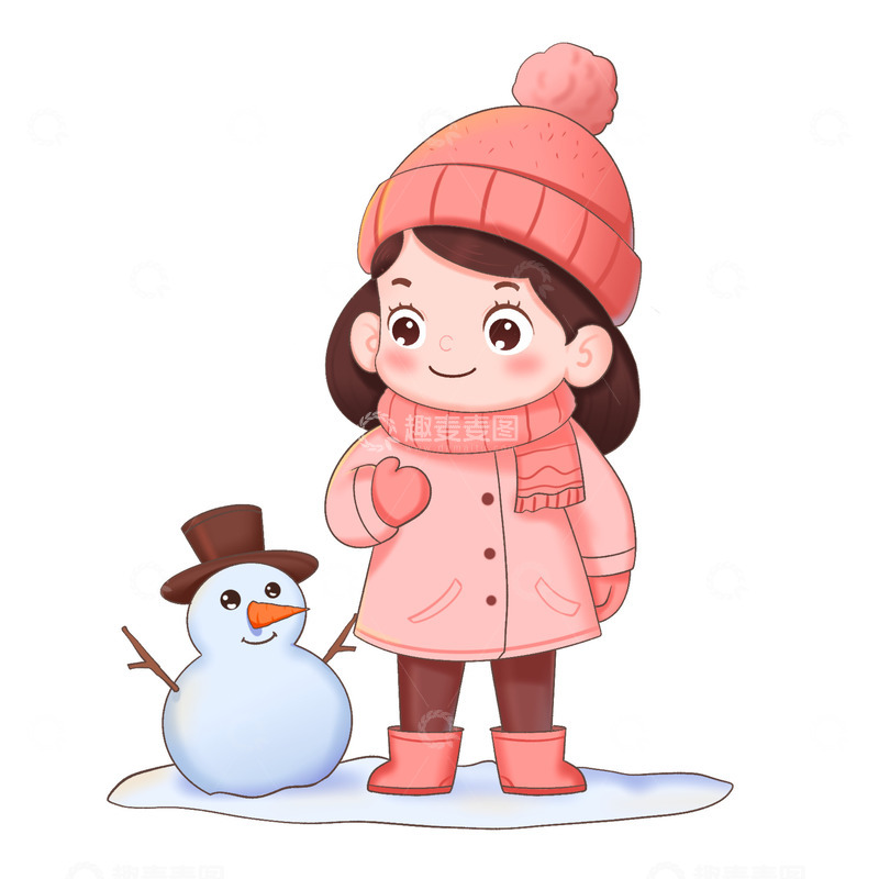 源文件下载【趣麦麦图】女孩和可爱的小雪人在雪地上免抠元素