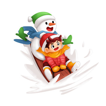 冬天户外活动和雪人玩雪橇的卡通儿童