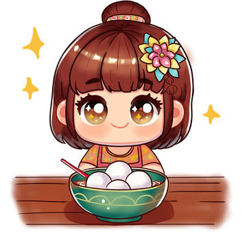吃汤圆的可爱小女孩手绘素材