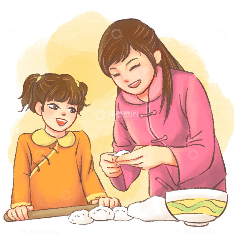 源文件下载【趣麦麦图】手绘冬至妈妈教女儿包饺子场景元素