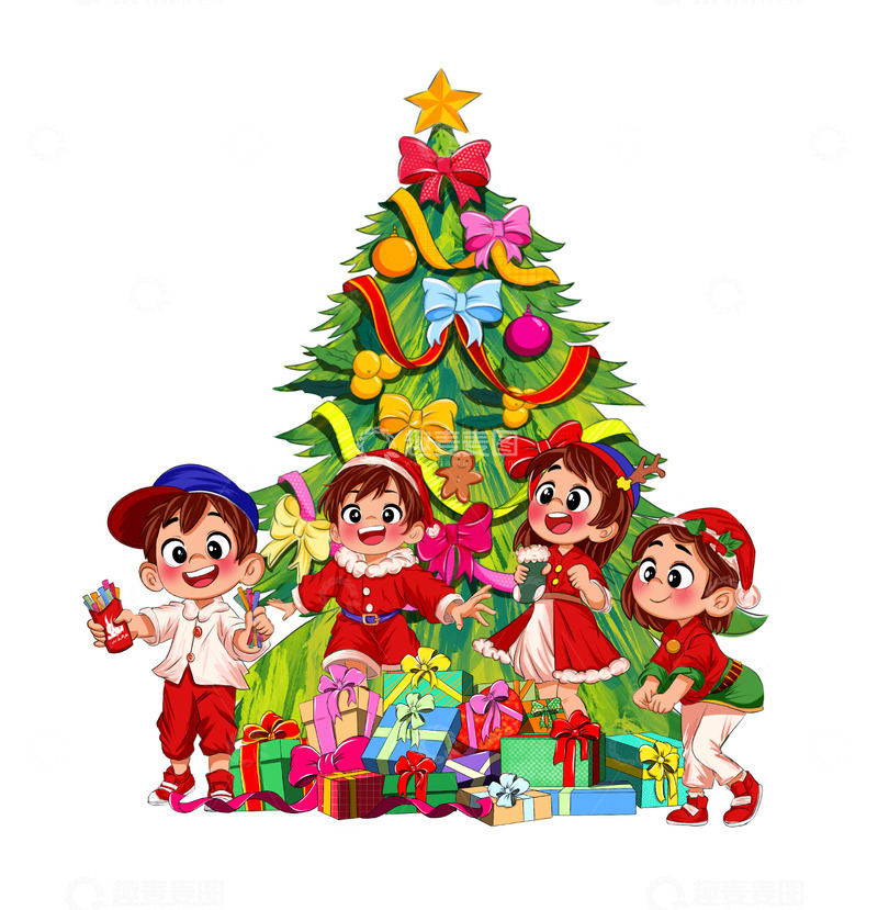 圣诞节平安夜礼物圣诞树儿童卡通手绘插画