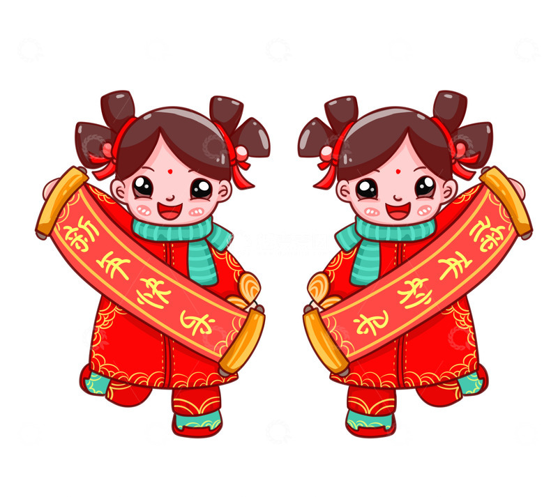 源文件下载【趣麦麦图】喜气洋洋女孩子拿对联