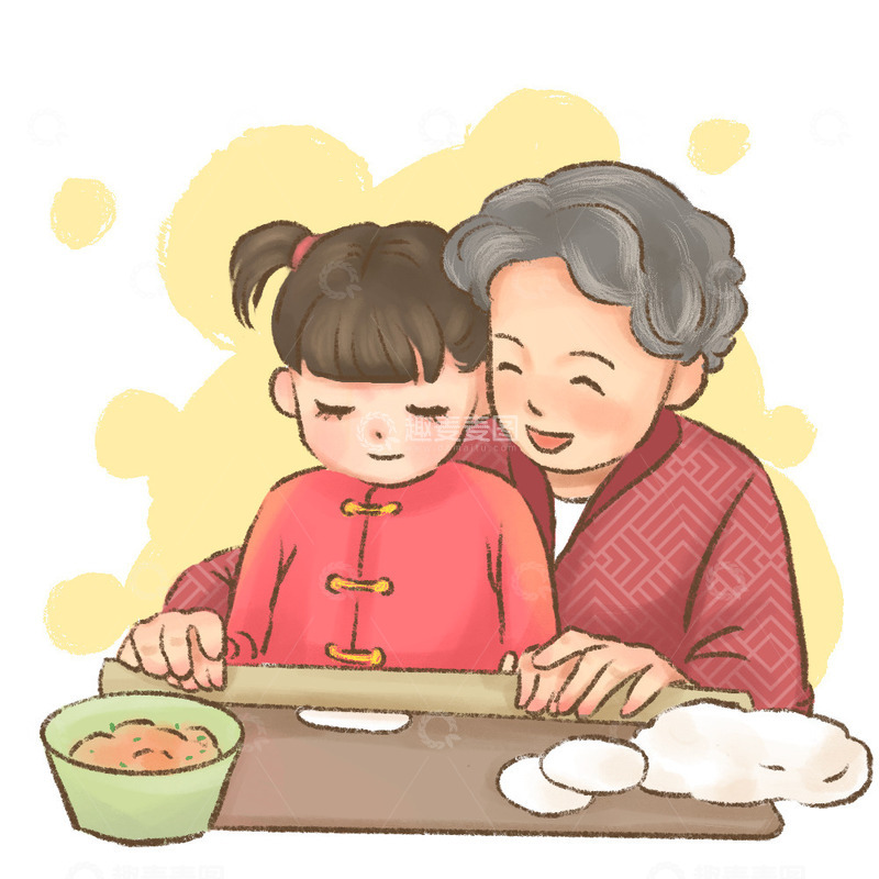 源文件下载【趣麦麦图】手绘冬至奶奶教包饺子冬天插画元素