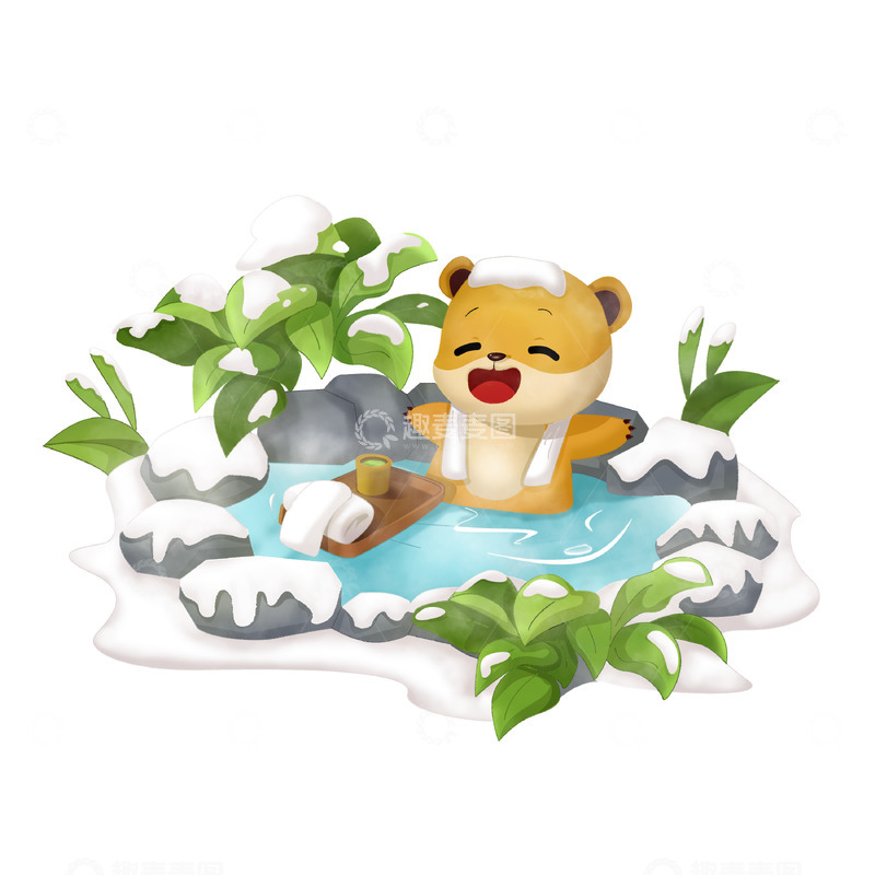 冬天泡温泉的卡通小熊