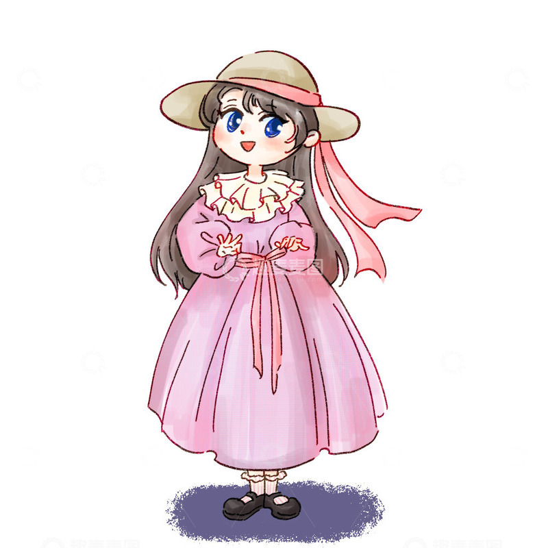 源文件下载【趣麦麦图】手绘可爱Q版人物长裙卡通女孩拍照元素