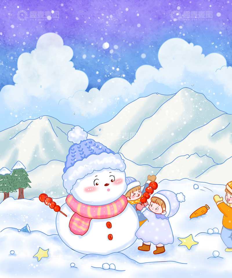 源文件下载【趣麦麦图】冬天大雪雪地雪人堆雪人打雪仗卡通人物