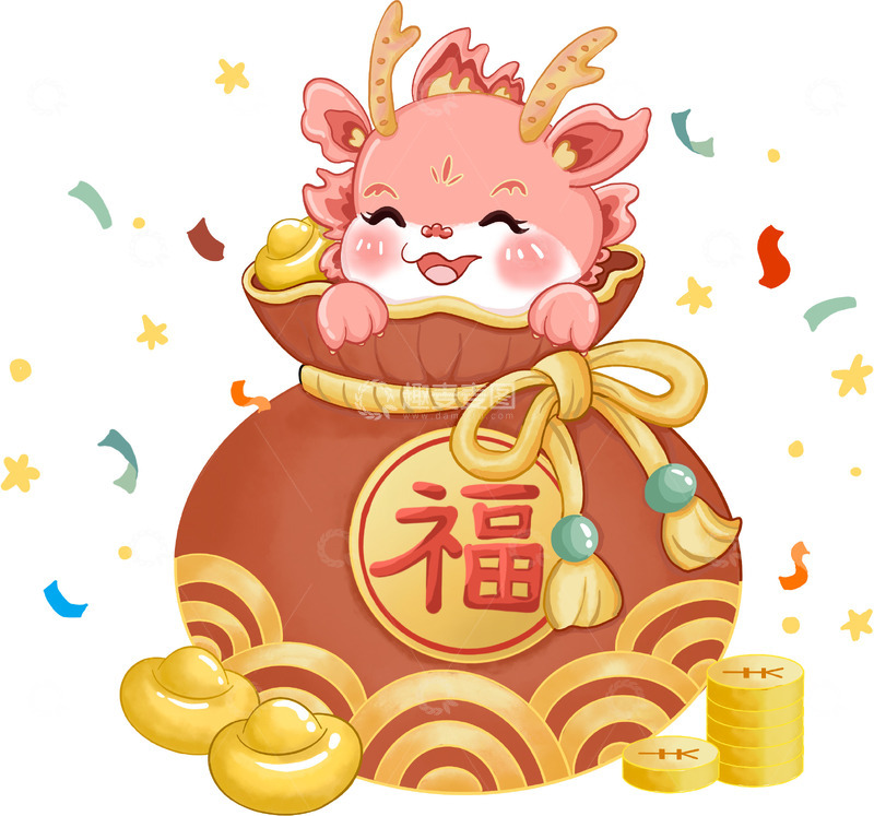 源文件下载【趣麦麦图】元旦新春新年福袋金元宝龙年IP金币