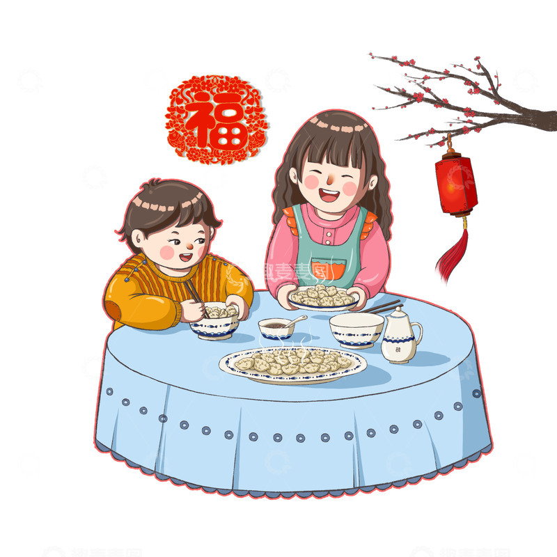 冬至节气寒冷冬天饺子元素妈妈灯笼窗花腊梅