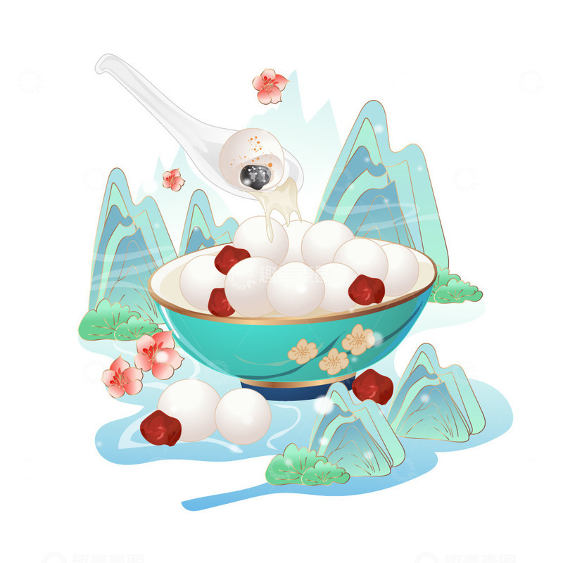 源文件下载【趣麦麦图】蓝绿色国潮风格冬至汤圆