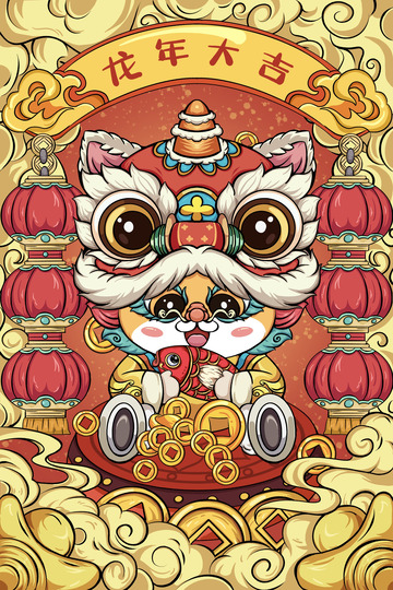 国潮海报新年喜庆红色舞狮龙过年