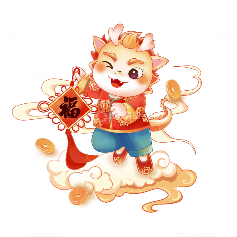 春节龙年形象拿着中国结福字手绘插画素材