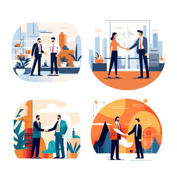 商务插画扁平风格矢量橙色蓝色企业合作握手