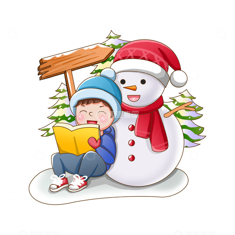 源文件下载【趣麦麦图】雪人冬季树太阳男孩书手绘插画