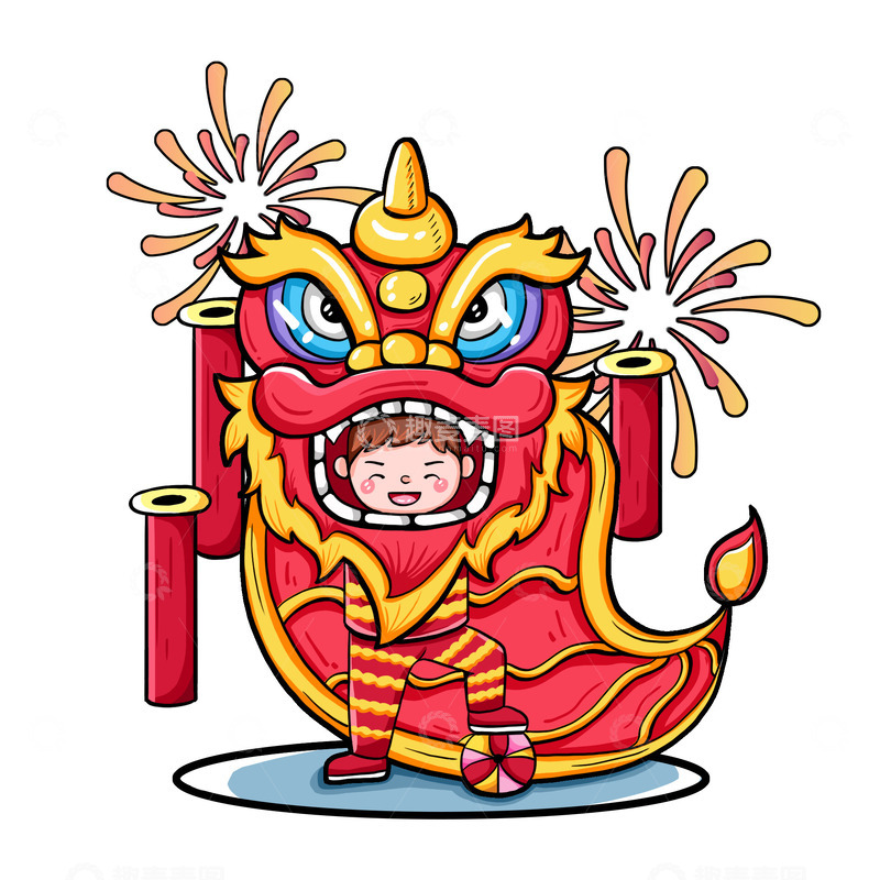 源文件下载【趣麦麦图】-舞狮男孩烟花潮流插画手绘元素