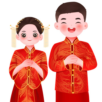 国潮中式婚礼新郎新娘人物元素