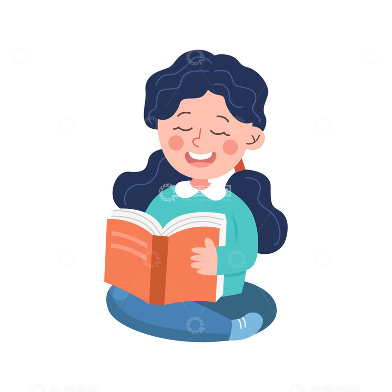 卡通简约坐着读书的小孩