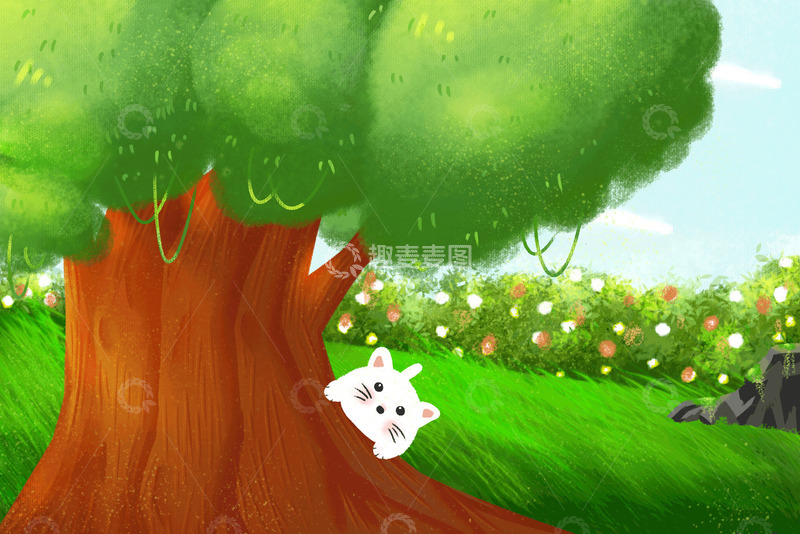 源文件下载【趣麦麦图】大树野外风景儿童手绘插画背景