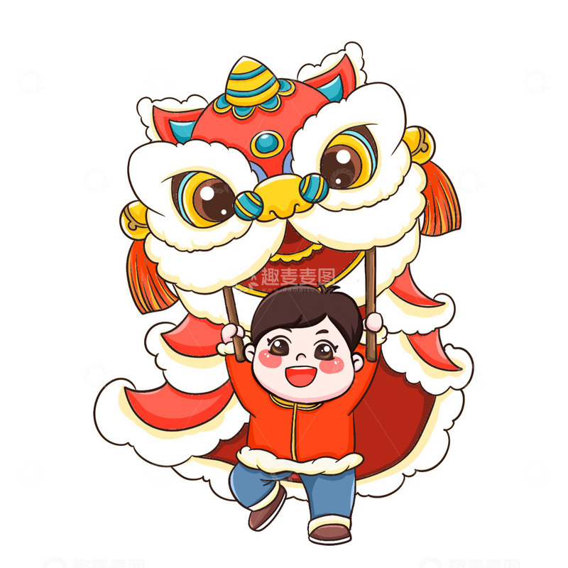 源文件下载【趣麦麦图】舞狮子的儿童线条描边元素