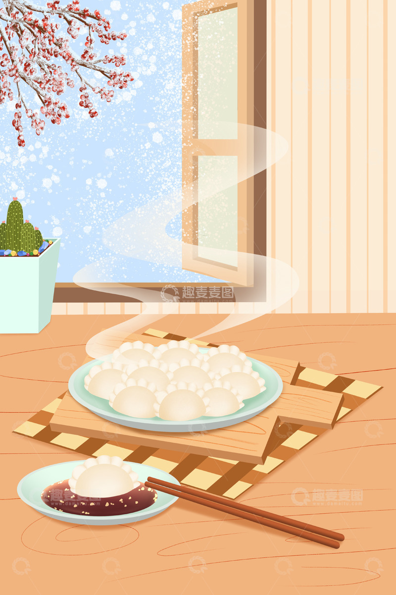 源文件下载【趣麦麦图】手绘新年吃饺子赏雪海报背景