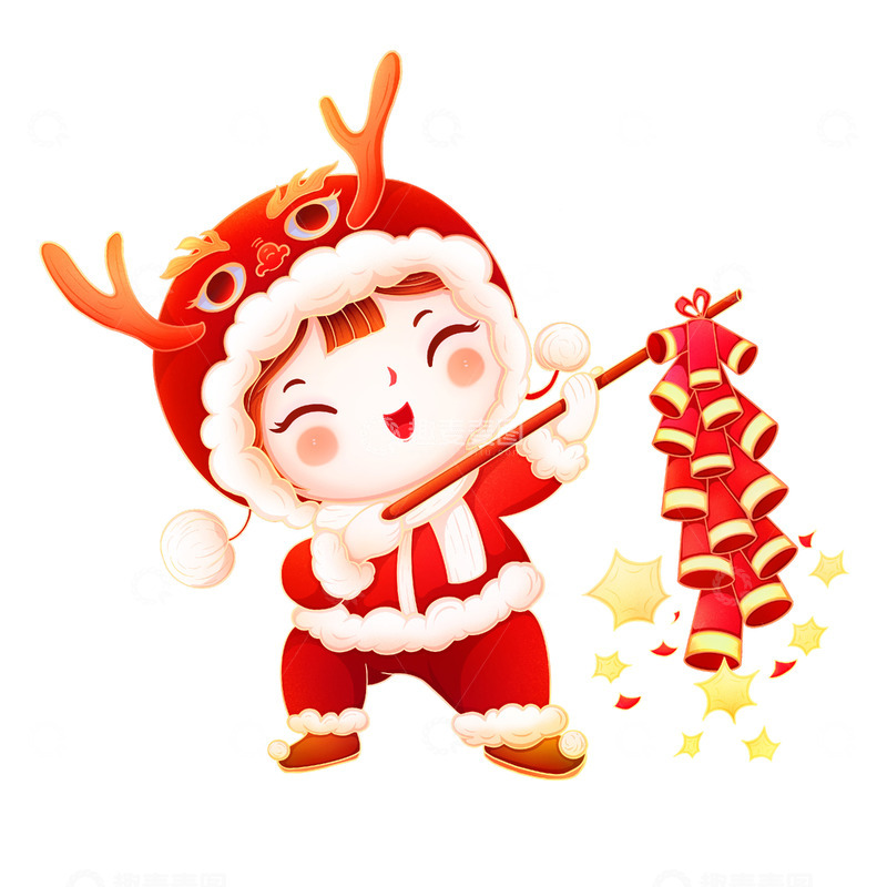 卡通可爱新年龙年新春福娃放鞭炮元素