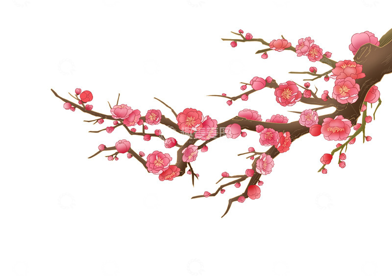 源文件下载【趣麦麦图】手绘线性国潮寒梅梅花插画