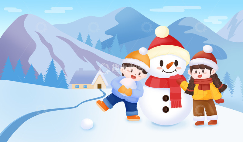 源文件下载【趣麦麦图】冬天雪地堆雪人