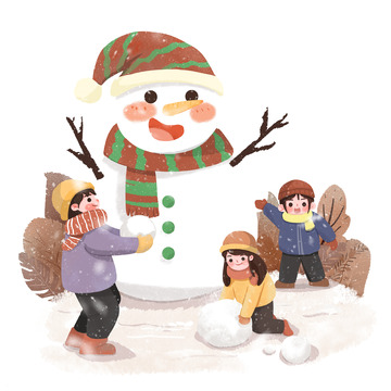 手绘冬至堆雪人场景