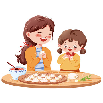手绘卡通妈妈与孩子包饺子场景元素