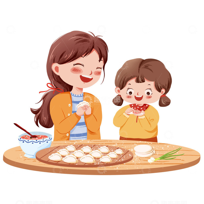 手绘卡通妈妈与孩子包饺子场景元素