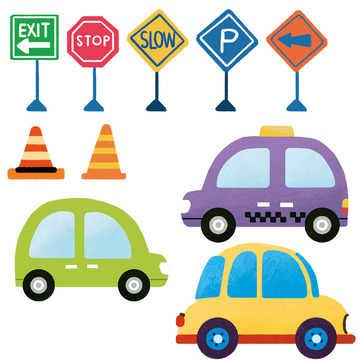 各种汽车和指示牌