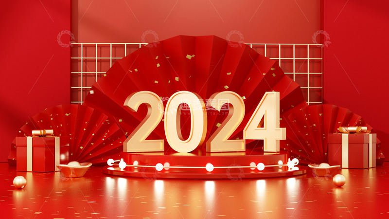 源文件下载【趣麦麦图】元旦2024红色C4D中国风海报背景