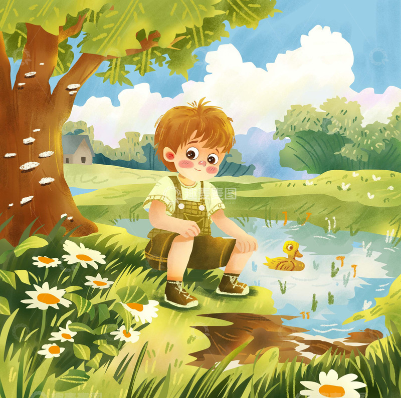 源文件下载【趣麦麦图】小男孩风景插画卡通可爱手绘插画