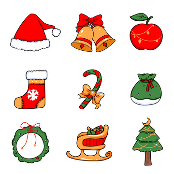 圣诞节装饰元素圣诞帽平安果铃铛圣诞袜