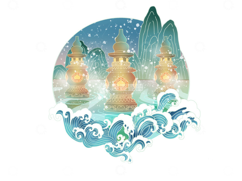 源文件下载【趣麦麦图】蓝绿色小雪国潮风小雪花和风景结合