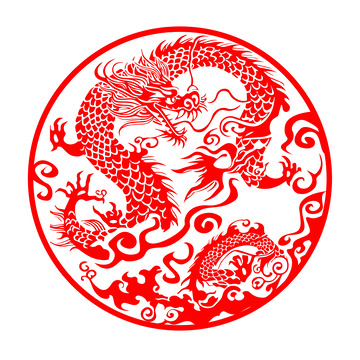 新年扁平几何龙年剪纸红色剪纸龙