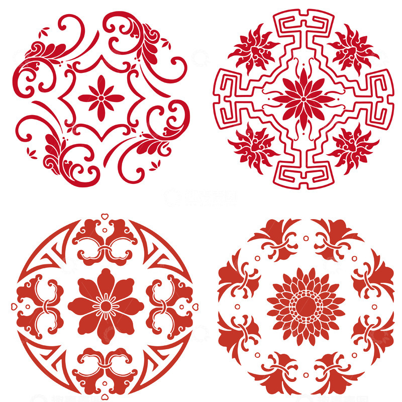 红色中式古风花纹贴纸矢量元素
