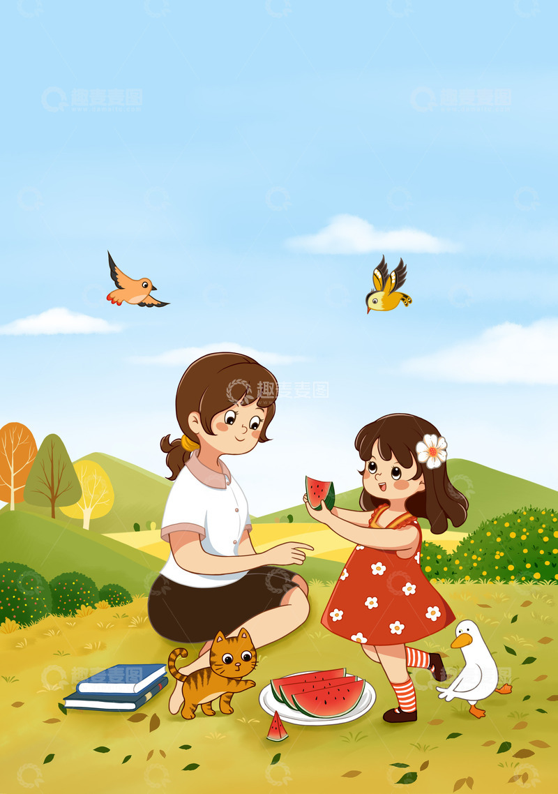 源文件下载【趣麦麦图】亲子郊游亲情夏天母爱可爱动物背景