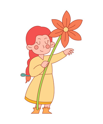 线描简约拿着鲜花的小女孩