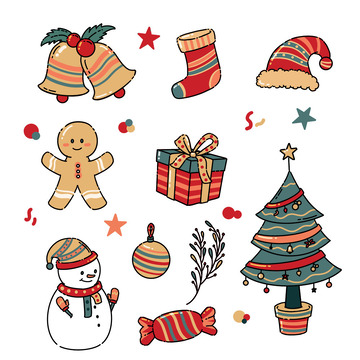 圣诞节装饰卡通元素勾线风格